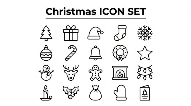 Minimalist black line art Christmas icon set on white background