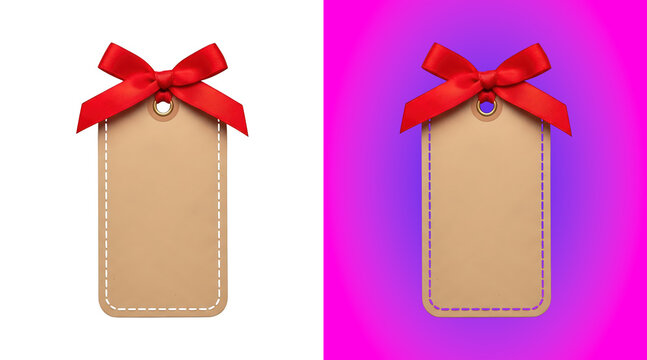 A beige paper gift tag with a bright red satin ribbon bow, isolated on a white background, holiday gifts and retail product labeling