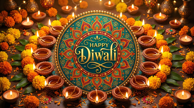 Happy diwali greeting card with decorative mandala pattern and glowing oil lamps with orange marigold flowers for traditional indian festival of lights celebration