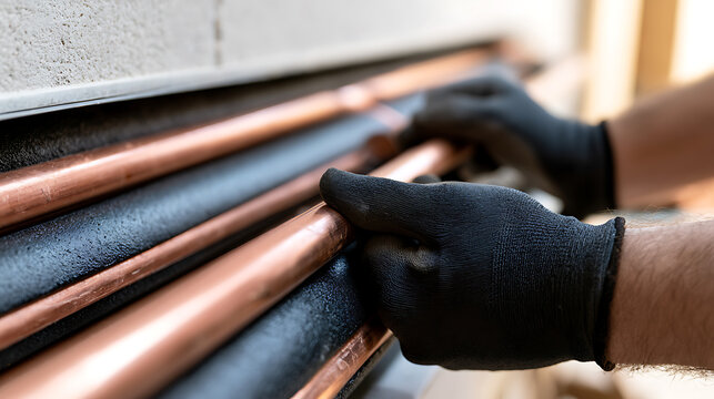 A worker in black gloves install copper pipe and black foam insulation in a building construction project with professional tools today