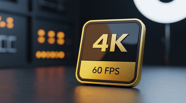 Digital badge displaying ultra high definition video resolution and frame rate settings on a dark studio background.