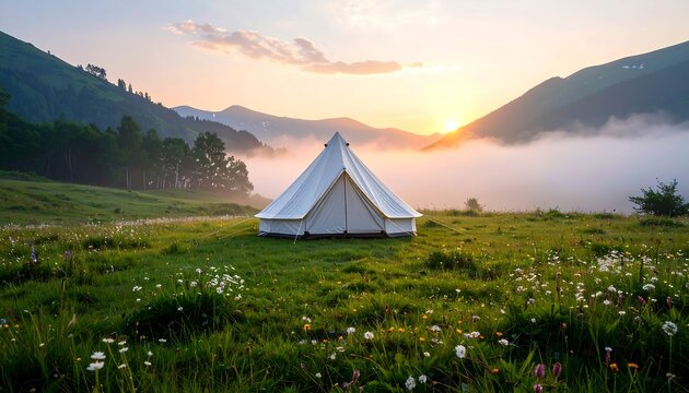 White canvas bell tent on a green mountain meadow with wildflowers at sunrise