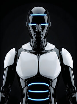 Sleek black and white humanoid android portrait with bright glowing neon blue eyes and visor bands.