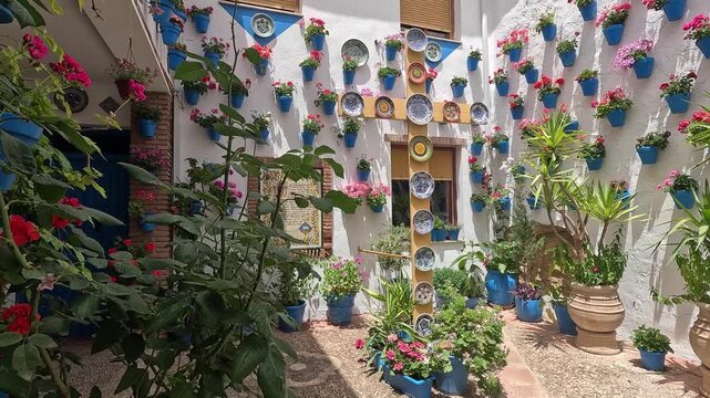 Wooden cross studded with painted ceramic plates amid blue geranium pots in  flowery patio del Ayuntamiento, Iznajar, Cordoba, Andalucia, Spain