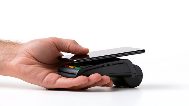 Contactless mobile payment with a smartphone on a modern card reader terminal held in a hand over a clean white isolated background studio