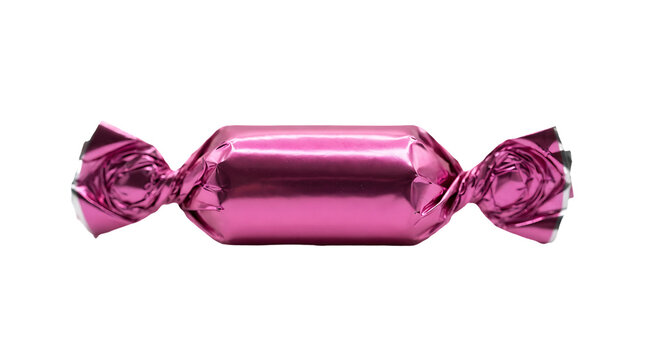 Single magenta pink candy in foil wrapper isolated on white background