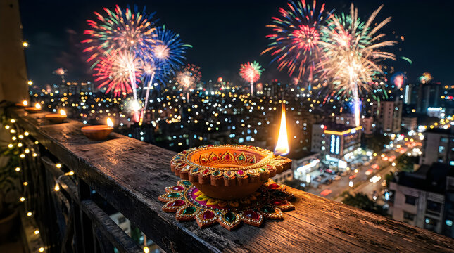 Traditional clay diya oil lamp lit for diwali festival with colorful fireworks exploding in the night sky over a city skyline view