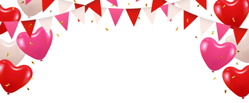 Valentine's day vector banner with realistic red and pink heart shaped balloons, falling gold confetti and copy space