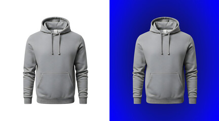 A plain grey hooded sweatshirt with long sleeves and a front kangaroo pocket, shown on a white background, and a vibrant, blue gradient background © Abdur