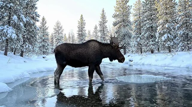 A majestic bull moose carefully wades through a shallow icy stream in a snow-covered winter forest showcasing northern wildlife and wilderness
