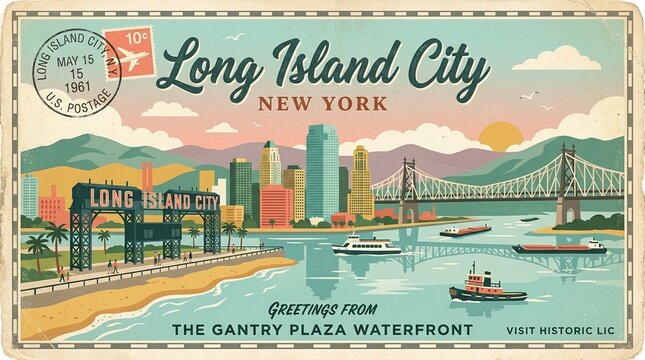 Vintage Long Island City, NY Travel Postcard: Gantry Plaza Waterfront, Queensboro Bridge & Historic East River Skyline