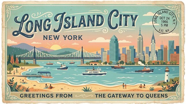 Long Island City, New York Vintage Postcard - Retro Travel Art with LIC Waterfront, Queensboro Bridge, iconic NYC Skyline, East River Ferry, and beach scene