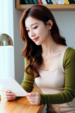 Vertical image of young Asian woman sitting at desk and reading paper letter, smiling gently. Scene represents personal communication, suitable for postal service marketing