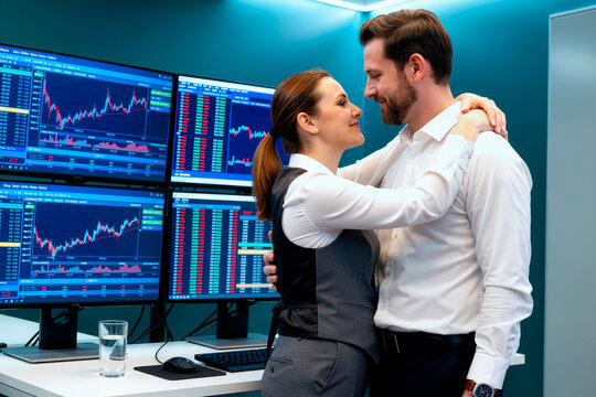 Caucasian young adult colleagues embracing in front of stock market trading screens. Image represents workplace romance and is suitable for corporate lifestyle marketing