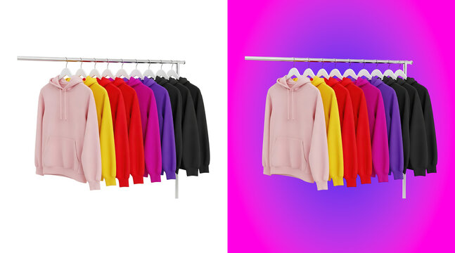 A row of colorful hoodies hanging on a metal clothing rack, including pink, yellow, red, magenta, purple, and black cotton sweatshirts