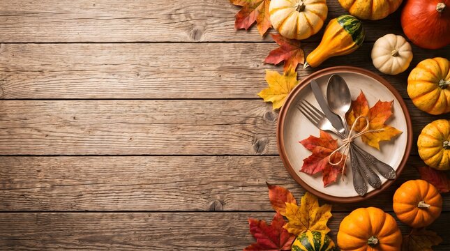 Rustic thanksgiving table setting with decorative pumpkins and colorful autumn leaves on a weathered wooden background