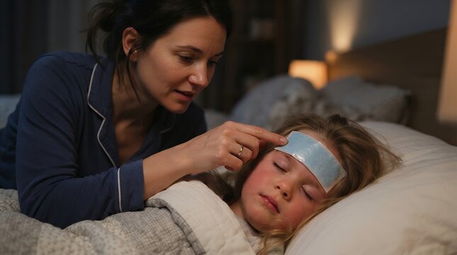 Mother applying cooling gel patch to sick child forehead at night in bedroom.
