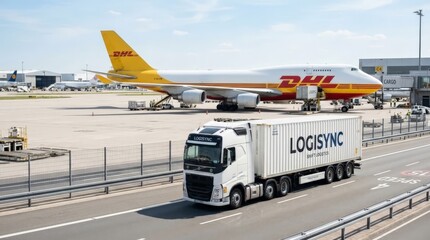 Fototapeta premium A white semi-truck with a logisync container drives on a highway near an airport where a large dhl cargo airplane is parked, showcasing modern global transport operations