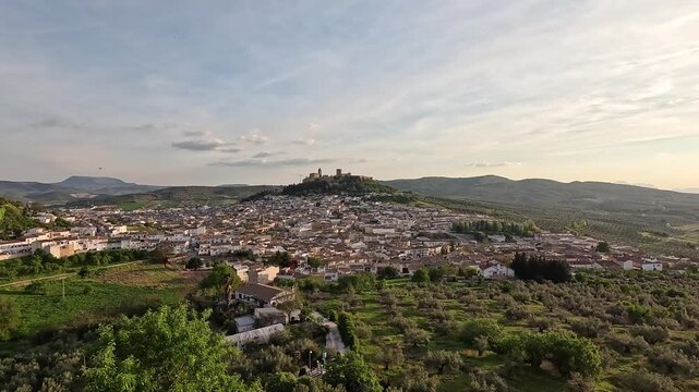 Panoramic view of Alcala la Real and the hilltop Fortaleza de la Mota citadel above whitewashed houses, Jaen, Andalucia, Spain
