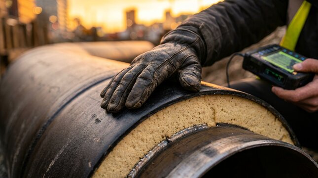 Engineer inspecting pre-insulated district heating pipe with industrial testing equipment