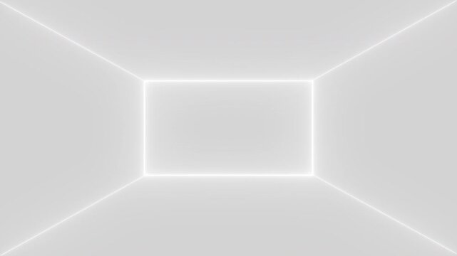 4k White 3d studio background. Glowing LED Frame Backwall. Clean Minimalist Stage Room. Modern Product Exhibition Interior. Bright Futuristic Studio Space.