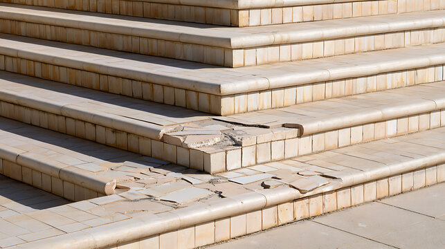 Damaged outdoor stairs with broken beige ceramic tiles on concrete steps show structural decay and need urgent repair work today