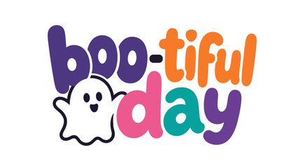 Fototapeta premium Cute ghost with colorful Halloween typography.