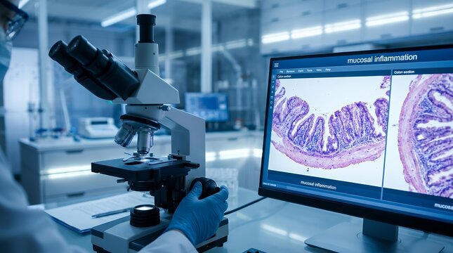 Pathologist examining colon tissue biopsy slide under microscope in medical laboratory.