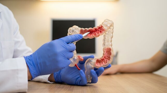 Gastroenterologist explaining ulcerative colitis using a 3D colon model in medical consultation.