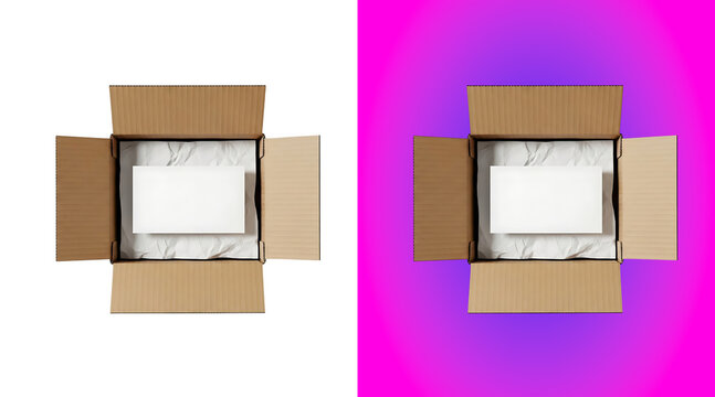 An open square cardboard shipping box with white tissue paper inside, containing a small white rectangular box, isolated on white background