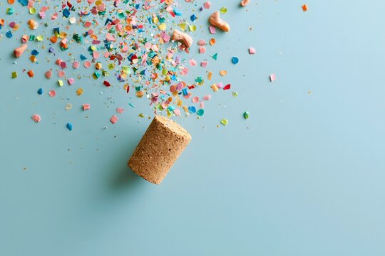 Overhead View of Champagne Cork and Scattered Colorful Confetti on Blue Surface