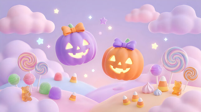 Cute halloween pumpkins with candy and lollipops in a magical pastel dream world with fluffy clouds and glowing stars