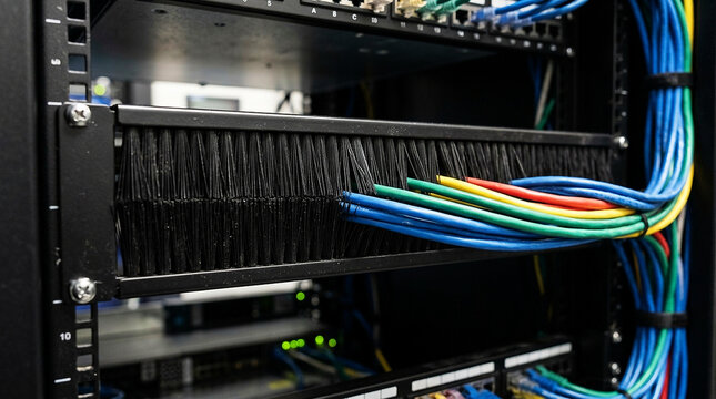 Server Rack Cable Management with Network Ethernet Wires and Brush Strip Panel