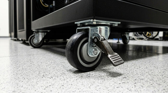 Industrial Caster Wheels on Heavy Duty Server Rack or Equipment Cabinet in Data Center