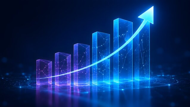 Futuristic digital business growth graph displaying upward pointing arrow and glowing transparent bar charts representing economic success and positive data trends.
