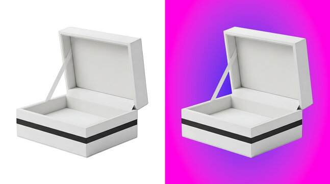 Empty white jewelry box with a black trim and open lid isolated on a vibrant pink and purple gradient background, for product presentation