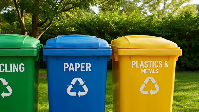 Colorful outdoor recycling bins labeled paper, plastics, and metals green