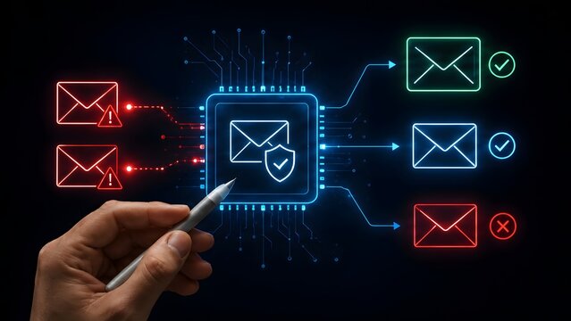 IT administrator hand interacting with digital email security flowchart illustrating automated threat detection filtering and safe message routing protocol.