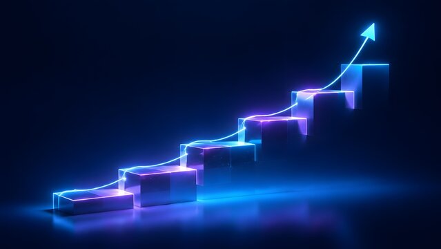Glowing digital arrow moving upward across futuristic transparent blocks representing exponential business growth financial success and technology market progress.