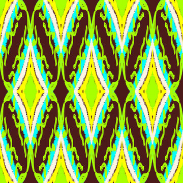Abstract ikat geometric seamless pattern background with neon green and turquoise wave shapes