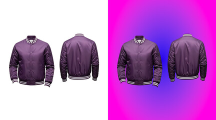 Purple varsity bomber jacket with white striped ribbed collar and cuffs, shown from front and back views on a white background, for apparel © Abdur