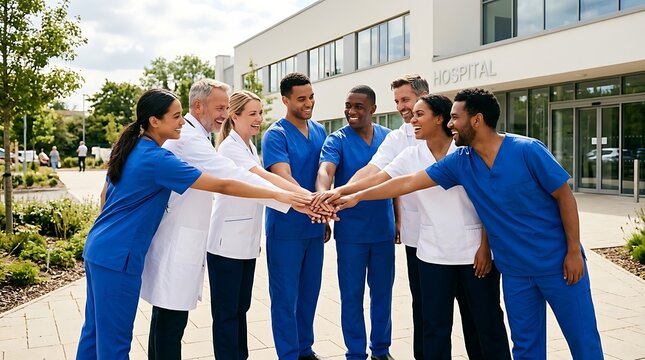 Medical team stacking hands in unity outside hospital
