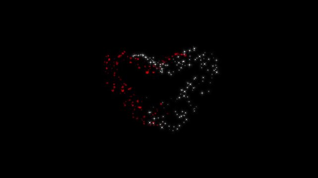 Glitter shiny stars and particles red love on black background,sparkling and shine with little star heart shape,valentines day hearts and glitter shiny stars on red animation, romantic love trail. 4k
