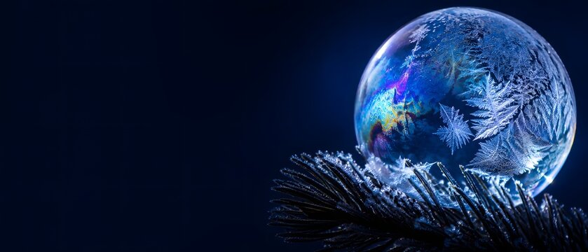 Macro close up of frozen soap bubble with crystal ice patterns on frost pine needle branch, premium winter holiday and climate control freeze protection technology banner with dark sapphire copy space