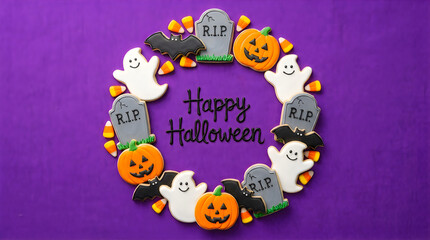 Fototapeta premium Happy halloween greeting card with a circular frame made of cute ghost pumpkin tombstone and bat cookies on a vibrant purple background