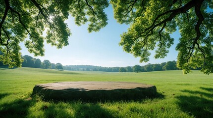 Fototapeta premium Flat stone platform sits in green meadow under tree branches. Sunny day in park with rich grass, distant forest. Peaceful nature landscape with bright sunlight, summer vibes. Empty rock pedestal in