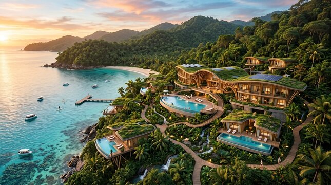 Luxury tropical resort with infinity pools overlooking ocean at sunset.