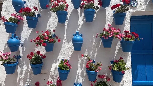 Blue flowerpots of red and pink geraniums on a whitewashed wall, Patio de las Comedias, Iznajar, Cordoba, Andalucia, Spain