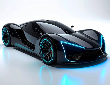 Futuristic black hypercar concept with glowing cyan neon accents and aerodynamic design, 3D render on white reflective background.
