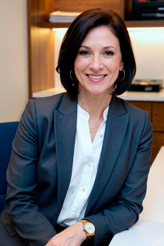 Portrait of middle aged Caucasian businesswoman smiling at desk in office. Image suitable for corporate communication, leadership marketing, and professional services, vertical